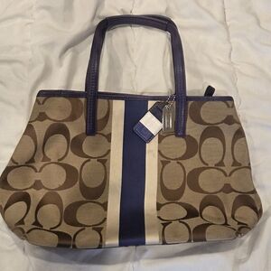 Coach Tan and Blue Signature Tote Bag